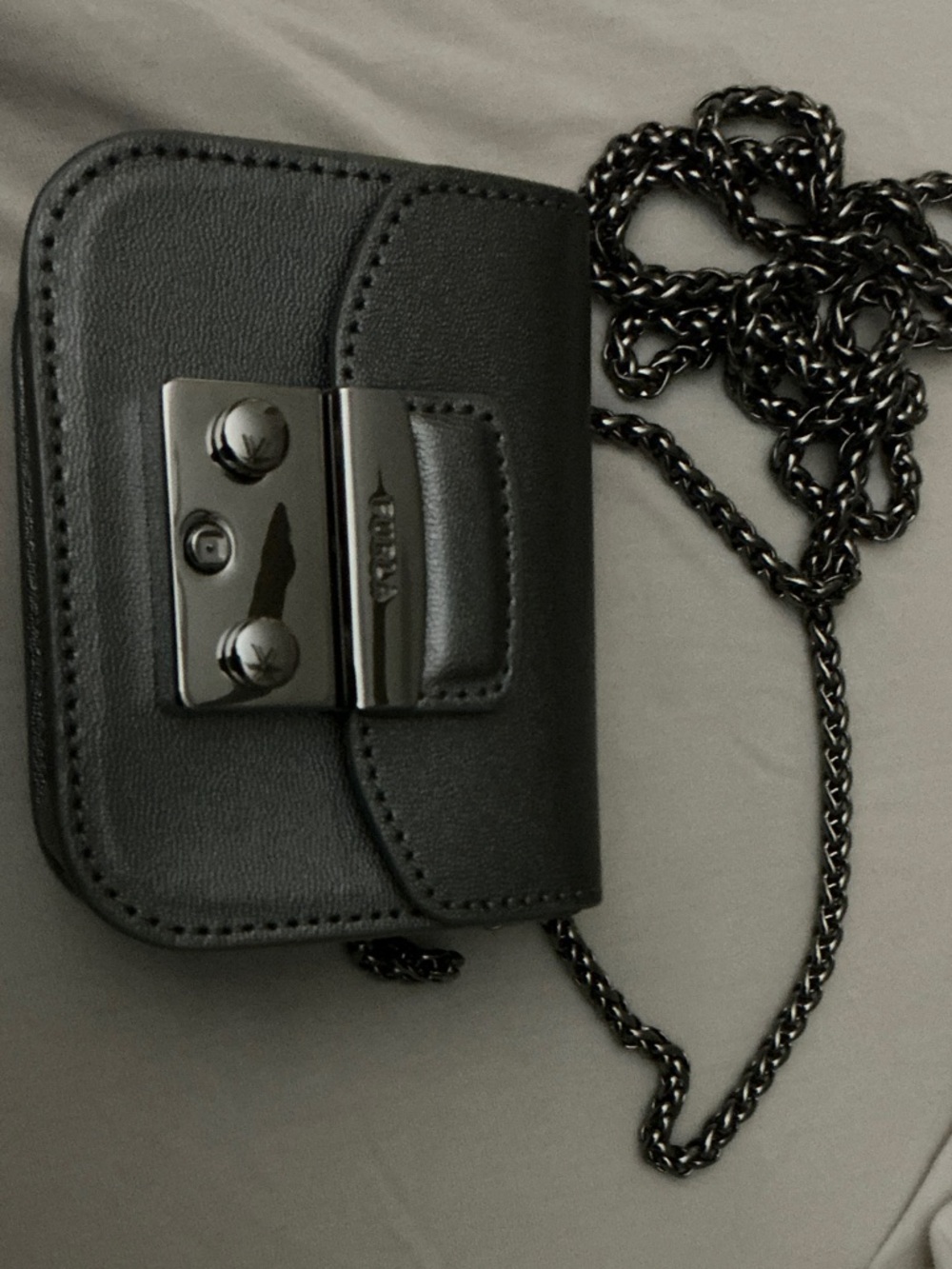 Furla Black Mini Crossbody Bag with Gunmetal Chain